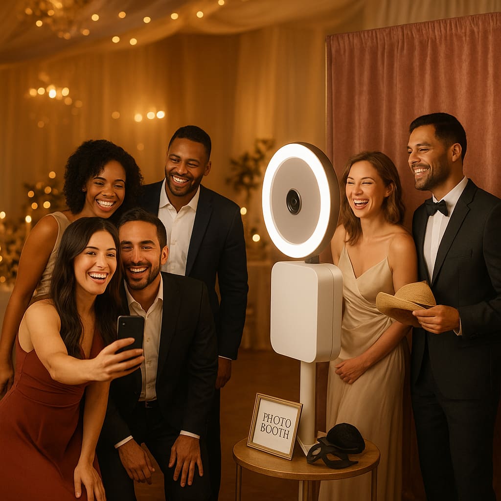 Hochzeit mit moderner Fotobox und lachenden Gästen